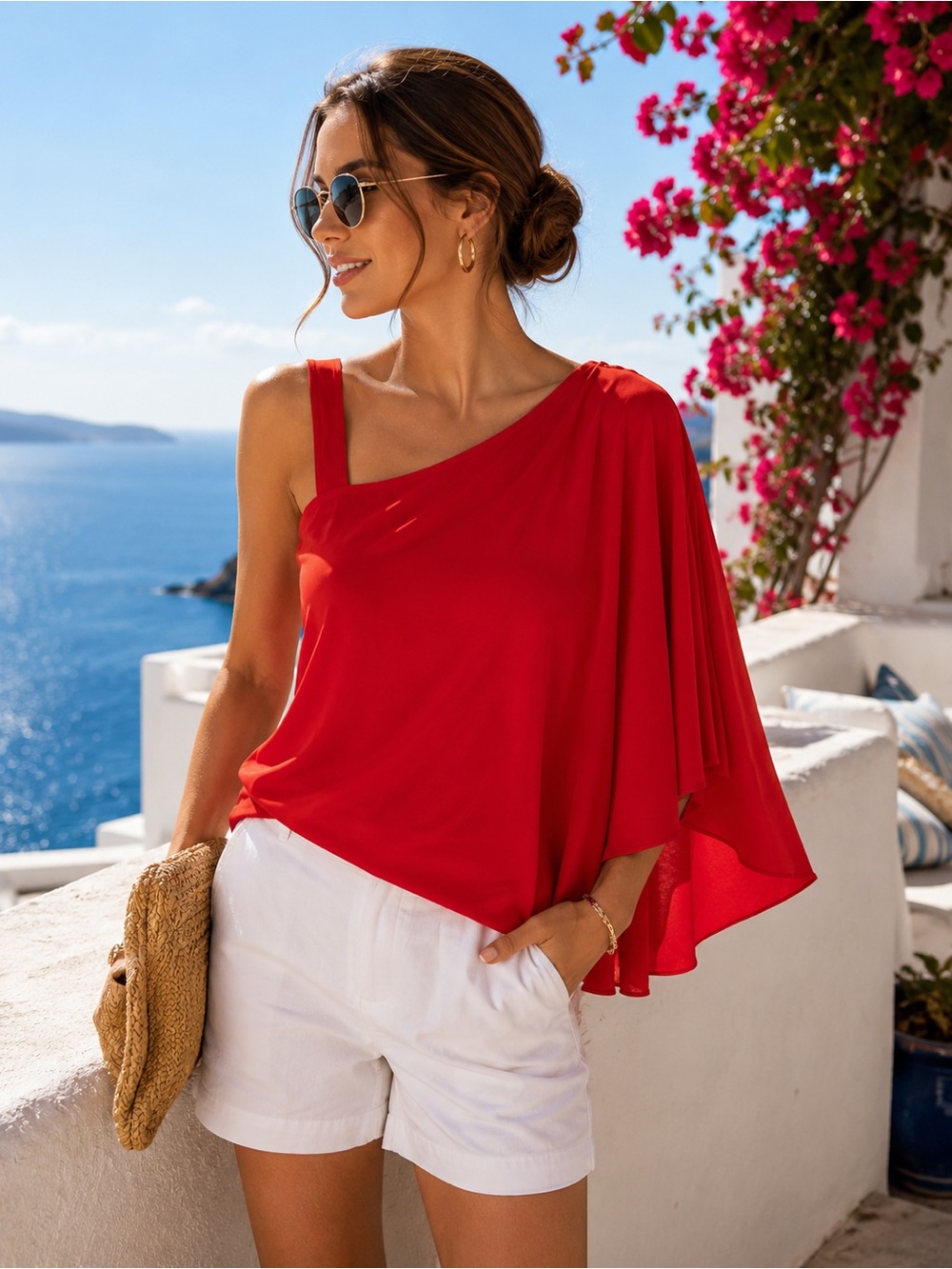 Chico’s Red One Shoulder Cape Sleeve Top Size 2 (US Large) Statement Blouse
